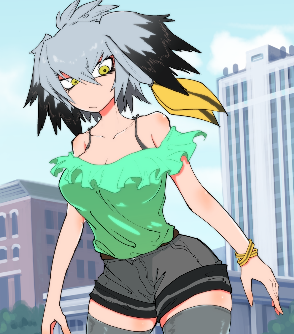 1girl alternate_costume bare_shoulders black_bra blouse bra breasts building casual city cleavage collarbone commentary_request day feathers frills grey_hair head_wings kemono_friends large_breasts no_nose nuka_cola06 off_shoulder outdoors shoebill_(kemono_friends) shorts side_ponytail sky solo thigh-highs underwear yellow_eyes