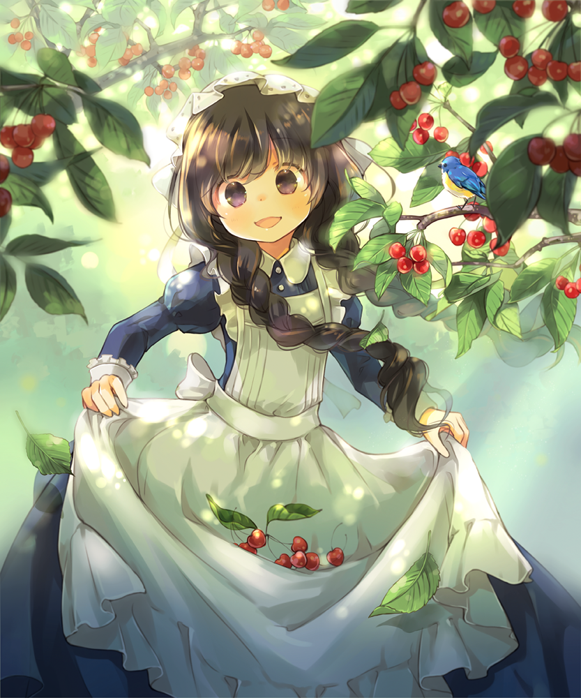 1girl :d animal apron bird blue_dress blush bow braid brown_hair buttons cherry collared_dress dappled_sunlight day dot_nose dress eyebrows_visible_through_hair floating_hair food frilled_apron frilled_cuffs frills fruit hat holding_clothes juliet_sleeves kuga_tsukasa leaf long_hair long_sleeves looking_at_viewer low_twintails maid maid_apron maid_cap open_mouth original outdoors picking_fruit puffy_sleeves shadow sleeve_cuffs smile sunlight tareme tree twin_braids twintails violet_eyes white_apron white_bow white_hat wind