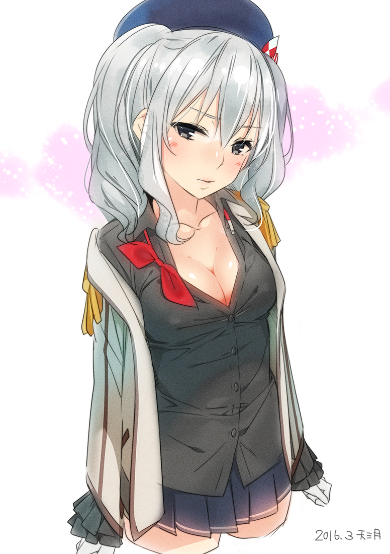 1girl ama_mitsuki artist_name beret black_shirt blush breasts cleavage collarbone commentary_request cropped_legs dated epaulettes gloves grey_eyes hat kantai_collection kashima_(kantai_collection) looking_at_viewer medium_breasts military military_uniform open_clothes open_shirt pleated_skirt red_ribbon ribbon shirt silver_hair skirt solo twintails two_side_up uniform white_gloves