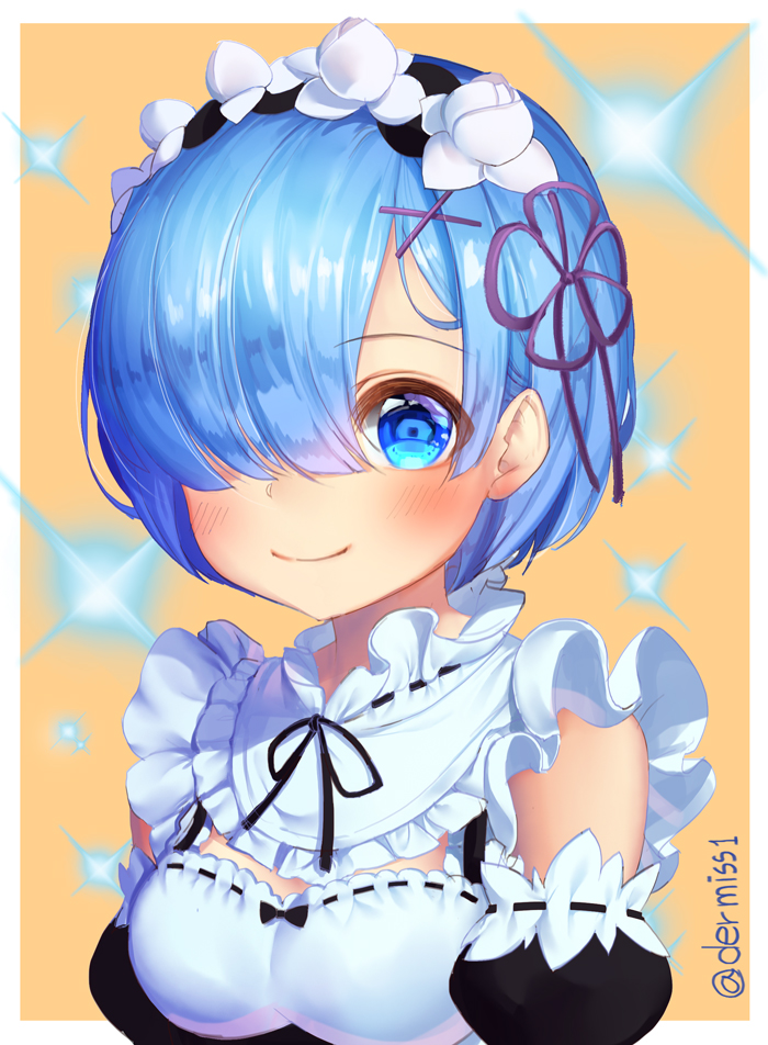 1girl bangs bare_shoulders blue_eyes blue_hair blush breasts cleavage dermiss detached_sleeves hair_ornament hair_over_one_eye hair_ribbon looking_at_viewer maid purple_ribbon re:zero_kara_hajimeru_isekai_seikatsu rem_(re:zero) ribbon short_hair smile solo twitter_username x_hair_ornament