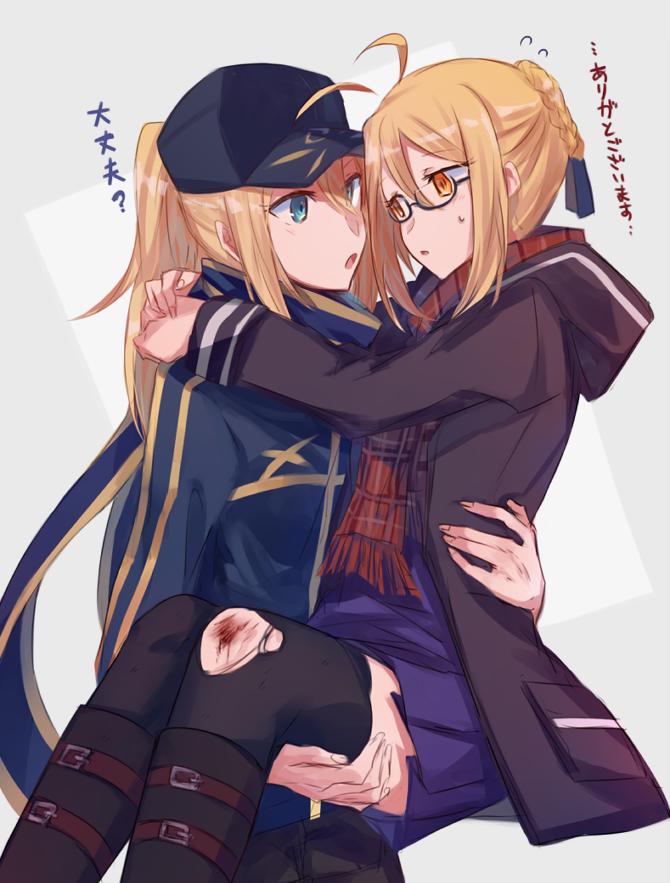 2girls ahoge aoki_shizumi bespectacled blood blue_eyes blue_jacket blush braid carrying dual_persona fate/grand_order fate_(series) french_braid glasses grey_background heroine_x injury jacket kneehighs looking_at_another multiple_girls open_mouth ponytail princess_carry saber saber_alter scarf scraped_knee sweat translated yellow_eyes