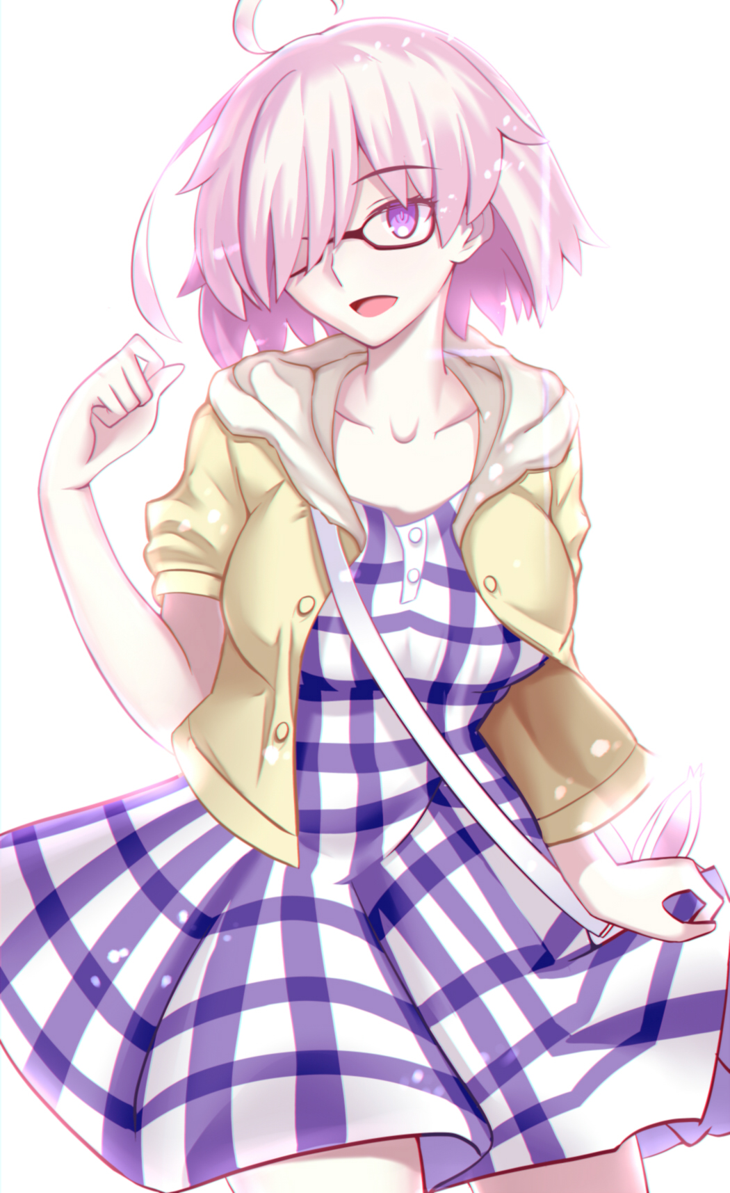 1girl ahoge alternate_costume fate/grand_order fate_(series) glasses hair_over_one_eye highres hood hoodie looking_at_viewer paperfinger purple_hair shielder_(fate/grand_order) short_hair smile solo violet_eyes white_background