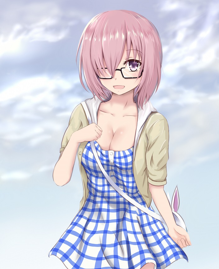 1girl alternate_costume ashfair breasts casual cleavage clouds cloudy_sky cowboy_shot fate/grand_order fate_(series) glasses hair_over_one_eye hood hoodie purple_hair shielder_(fate/grand_order) sky smile solo violet_eyes