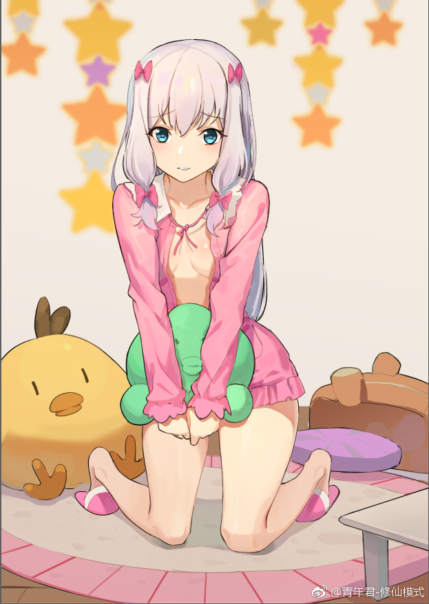 1girl aqua_eyes blurry blush bow breasts buttons carpet clenched_hands collarbone collared_shirt eromanga_sensei frilled_shirt frilled_shirt_collar frilled_sleeves frills full_body gradient_hair hair_bow hair_ornament hair_ribbon holding holding_stuffed_animal indoors izumi_sagiri kneeling lavender_hair long_hair long_sleeves looking_at_viewer low-tied_long_hair mobile multicolored_hair no_pants open_clothes open_shirt pajamas pillow pink_bow pink_ribbon pink_shirt ribbon room seinen shadow shirt shy silver_hair slippers small_breasts solo star stuffed_animal stuffed_duck stuffed_octopus stuffed_toy table teeth tress_ribbon two-tone_hair weibo_username