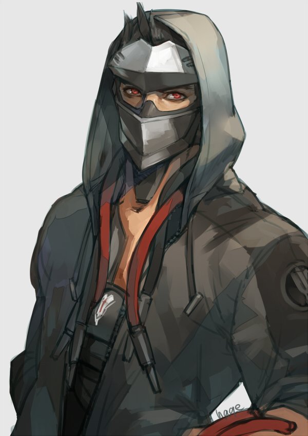 1boy alternate_costume artist_name black_hair blackwatch_genji cyborg genji_(overwatch) hands_in_pockets hood hooded_jacket jacket male_focus mask open_clothes open_jacket overwatch red_eyes sae_(revirth) simple_background solo
