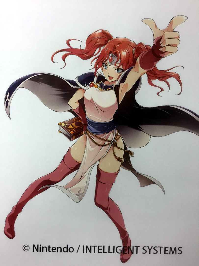 1girl armpits arms_up artist_request blue_eyes book bridal_gauntlets cape dress fire_emblem fire_emblem:_hasha_no_tsurugi fire_emblem_cipher full_body gloves hand_on_hip holding jemmy jewelry looking_at_viewer official_art open_mouth pelvic_curtain redhead short_twintails simple_background sleeveless smile solo thigh-highs tiara twintails white_background