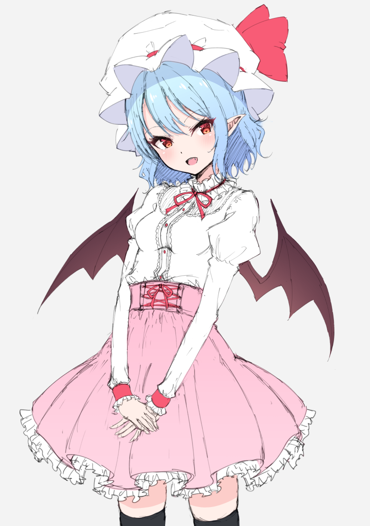 1girl bat_wings black_legwear blue_hair blush bow breasts fang hat junior27016 long_sleeves looking_at_viewer mob_cap open_mouth pointy_ears puffy_sleeves red_eyes remilia_scarlet short_hair simple_background sketch skirt small_breasts smile solo thigh-highs touhou wings zettai_ryouiki