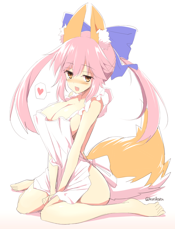 1girl alternate_costume animal_ears apron barefoot blush bow breasts fate/extra fate_(series) fox_ears fox_tail hair_bow heart kurikara large_breasts long_hair naked_apron open_mouth pink_hair ribbon sitting smile solo spoken_heart tail tamamo_(fate)_(all) tamamo_no_mae_(fate) twintails twitter_username v_arms wariza yellow_eyes