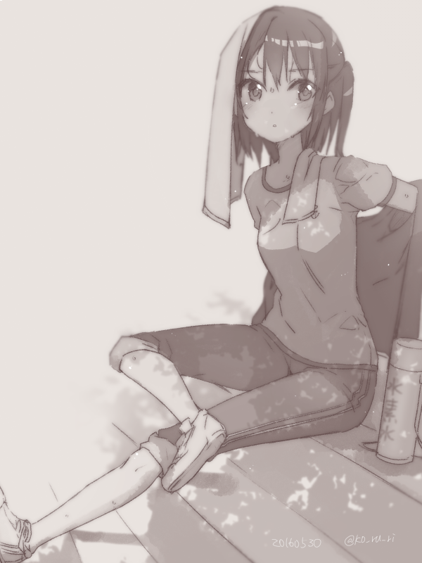 1girl 2016 arm_up artist_name bangs blush casual dappled_sunlight dated eyebrows eyebrows_visible_through_hair grey greyscale jacket kantai_collection ko_ru_ri looking_at_viewer monochrome open_clothes open_jacket pants sendai_(kantai_collection) shirt shoes short_hair short_sleeves sitting solo stairs sunlight t-shirt tareme thermos towel towel_on_head twintails undressing