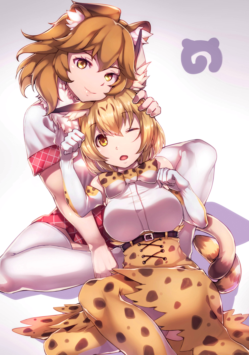 2girls animal_ears blonde_hair bow bowtie breasts brown_hair closed_mouth elbow_gloves gloves highres kemono_friends lion_(kemono_friends) looking_at_viewer medium_breasts multiple_girls one_eye_closed open_mouth serval_(kemono_friends) serval_ears serval_print serval_tail short_hair skirt smile tail thigh-highs white_gloves white_legwear yamaori yellow_eyes yellow_legwear yellow_skirt