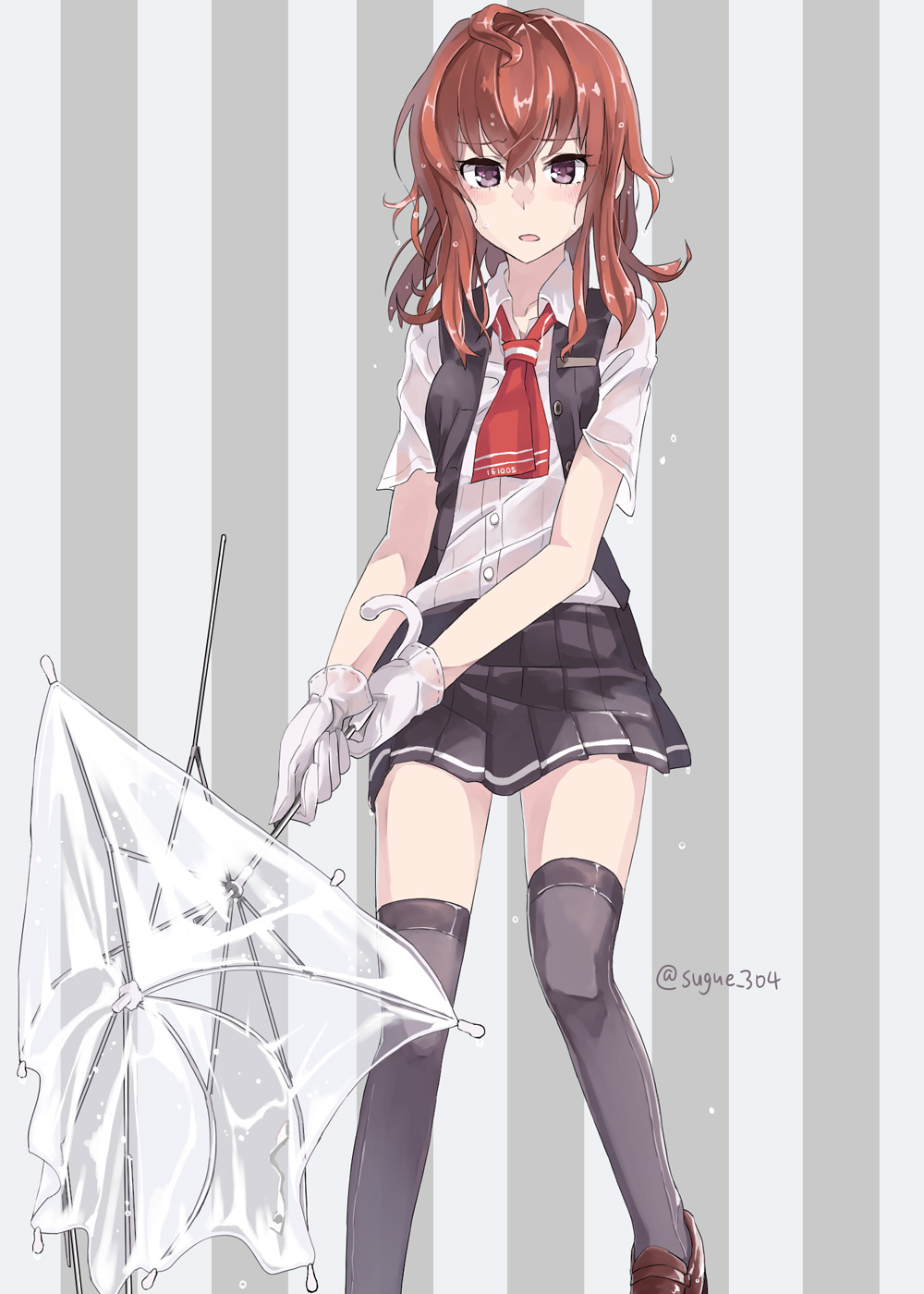 1girl arashi_(kantai_collection) black_legwear blush commentary commentary_request gloves grey_background highres kantai_collection kneehighs neckerchief parted_lips pleated_skirt redhead school_uniform shoes skirt solo standing striped striped_background sugue_304 transparent_umbrella twitter_username umbrella vest violet_eyes wet wet_clothes