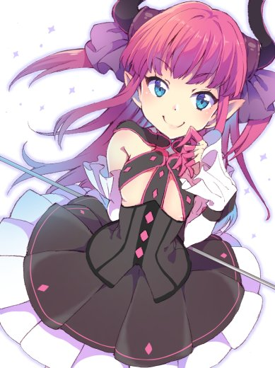 1girl arm_behind_back bangs black_dress blue_eyes closed_mouth cowboy_shot detached_sleeves dress esgkjj fate/extra fate/extra_ccc fate_(series) hair_ribbon holding horns lancer_(fate/extra_ccc) layered_dress long_hair looking_at_viewer nail_polish pink_hair pink_nails pleated_dress pointy_ears ribbon smile solo standing white_background