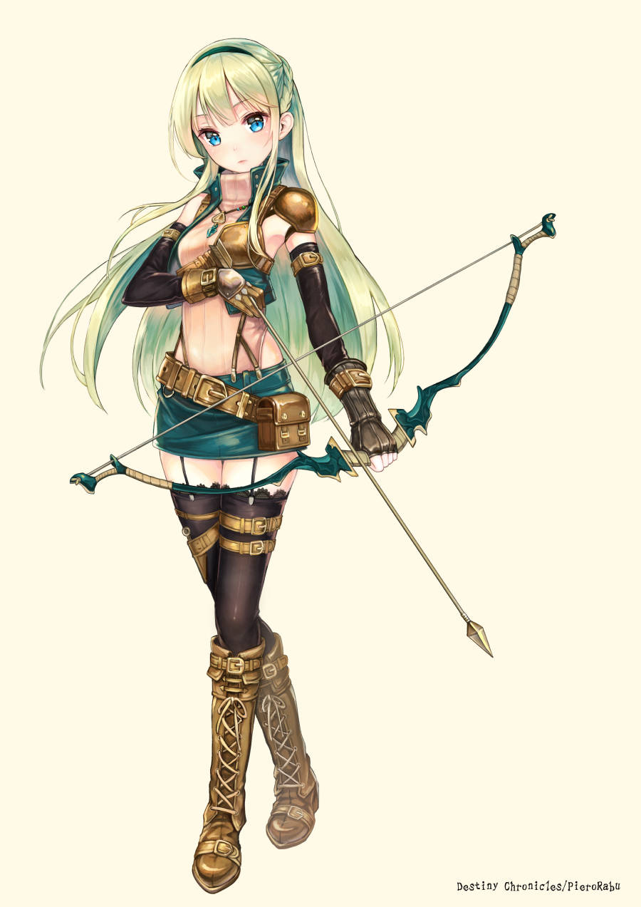 1girl arrow artist_name bangs beige_background beltskirt black_gloves black_legwear blue_eyes blush boots bow_(weapon) braid brown_boots closed_mouth copyright_name destiny_chronicles elbow_gloves full_body garter_straps gloves green_hair green_skirt half_updo highres knee_boots long_hair looking_at_viewer miniskirt official_art pierorabu shoulder_guard simple_background skirt solo standing suspenders thigh-highs weapon