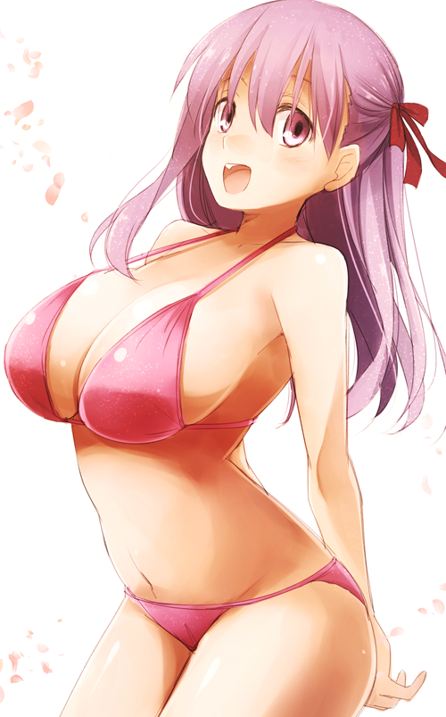 1girl alternate_costume bikini blush breasts fate/stay_night fate_(series) hair_ribbon kurikara large_breasts long_hair looking_at_viewer matou_sakura navel open_mouth pink_bikini purple_hair ribbon simple_background smile solo swimsuit violet_eyes white_background