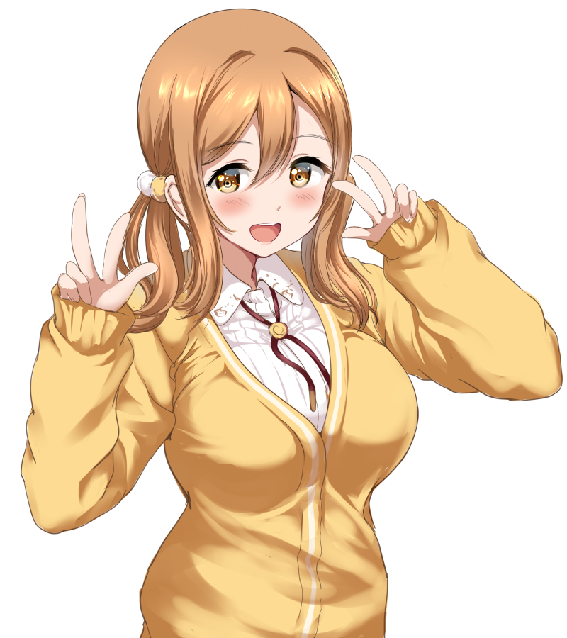 1girl :d bangs blush breasts brown_eyes brown_hair cardigan double_w eyebrows_visible_through_hair gorua_(youce01) hair_between_eyes kunikida_hanamaru large_breasts long_hair looking_at_viewer love_live! love_live!_sunshine!! low_twintails open_mouth sidelocks simple_background smile solo teeth twintails upper_body w white_background