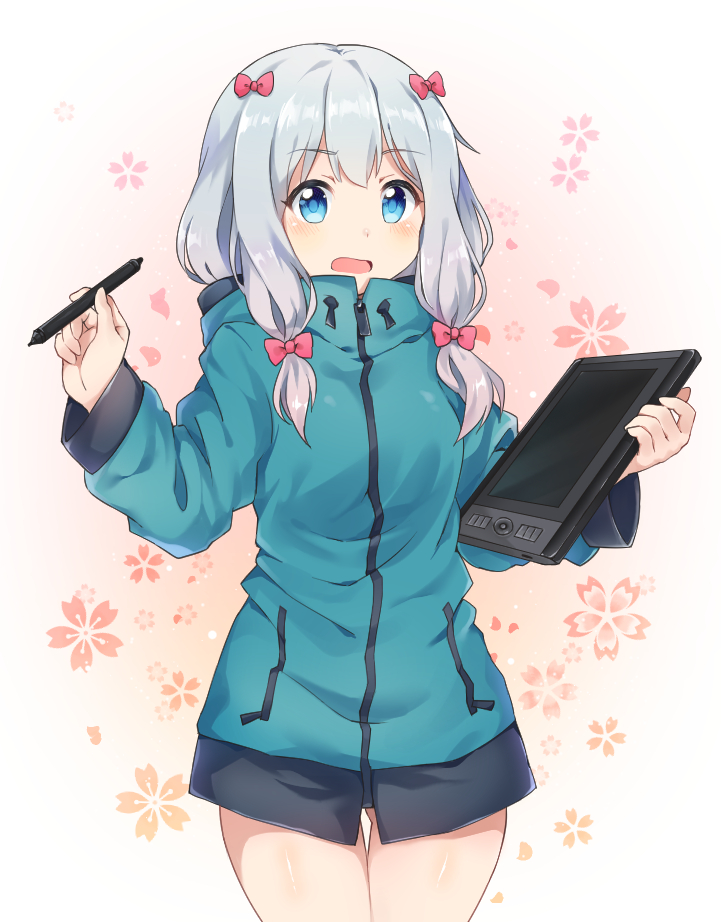 blue_eyes blue_hair blush eromanga_sensei izumi_sagiri long_hair pen sketch sweater