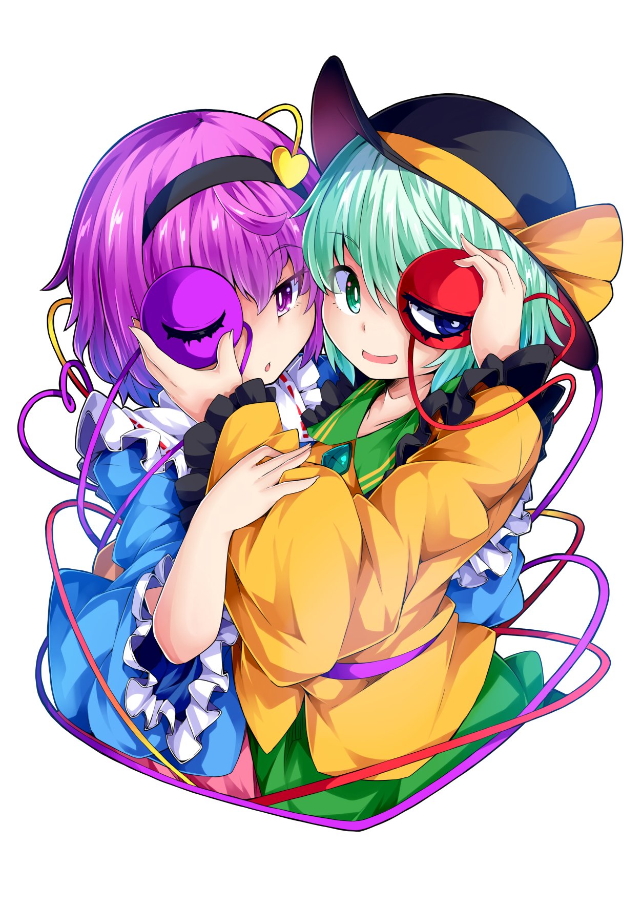 2girls bangs black_hairband black_hat blush chestnut_mouth eyeball frilled_shirt_collar frilled_sleeves frills green_eyes green_hair hairband hat hat_ribbon heart heart_of_string highres ishimu komeiji_koishi komeiji_satori long_sleeves looking_at_viewer multiple_girls purple_hair ribbon shirt short_hair siblings sisters skirt smile third_eye touhou upper_body violet_eyes wide_sleeves yellow_ribbon