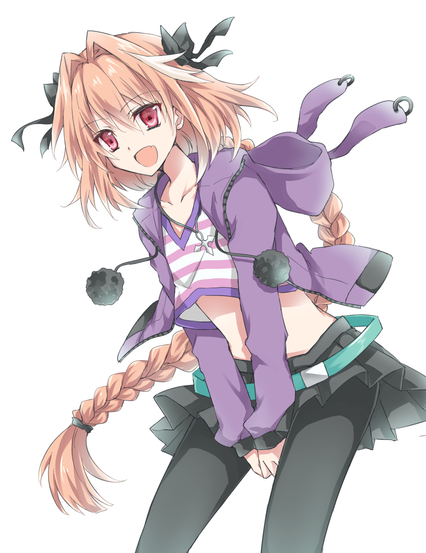 1boy black_legwear blush braid casual crop_top fang fate/apocrypha fate_(series) hair_ribbon long_hair looking_at_viewer navel open_mouth pantyhose pink_hair pleated_skirt pom_pom_(clothes) ribbon rider_of_black single_braid skirt smile solo tank_top tm-pika trap violet_eyes