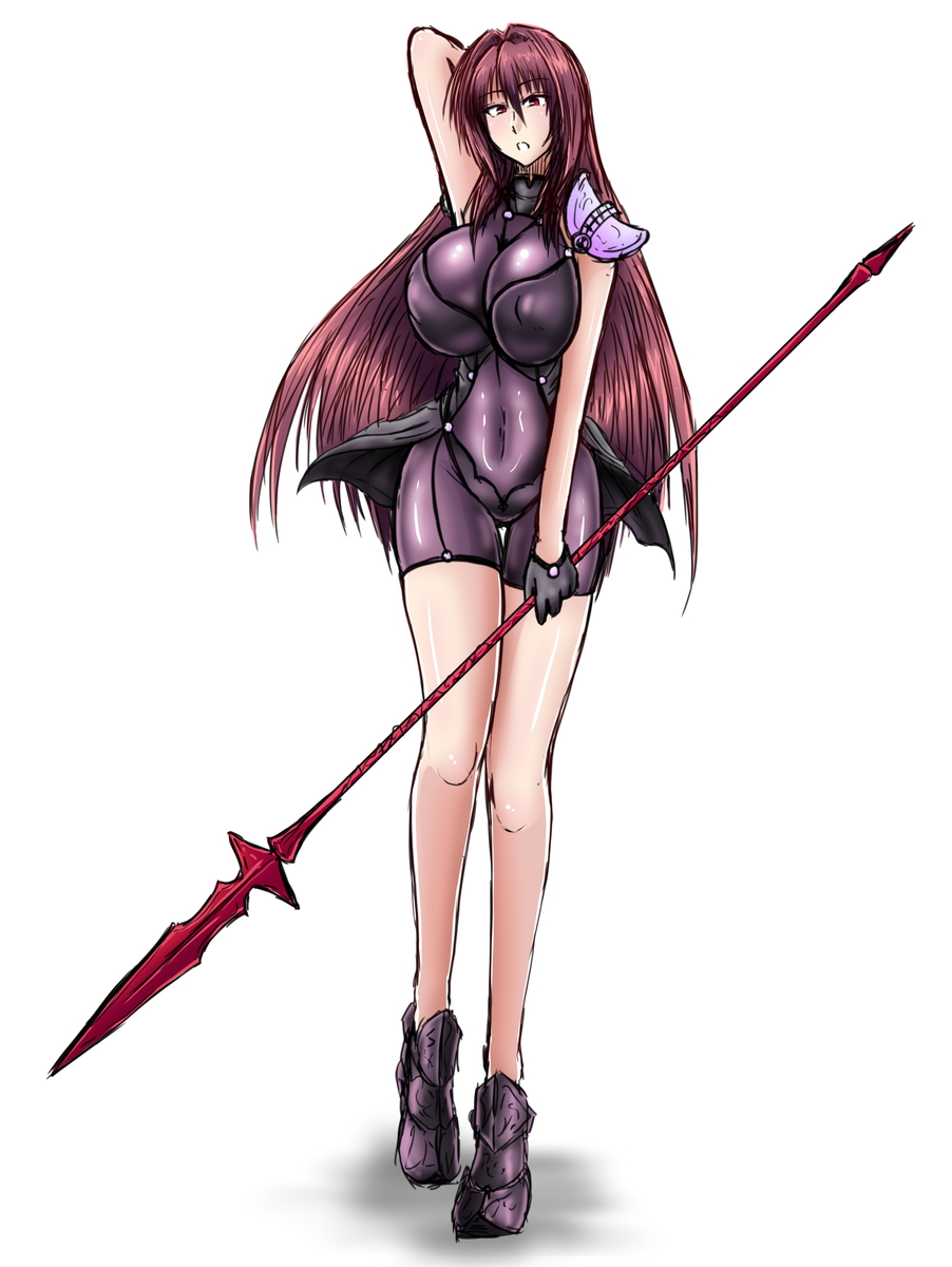 1girl adapted_costume arm_behind_head arm_up armor bare_arms bare_legs breasts covered_navel erect_nipples fate/grand_order fate_(series) full_body gae_bolg highres holding holding_weapon large_breasts long_hair looking_at_viewer open_mouth pauldrons polearm purple_hair red_eyes scathach_(fate/grand_order) shoulder_armor solo spear tasuro_kuzuha very_long_hair weapon
