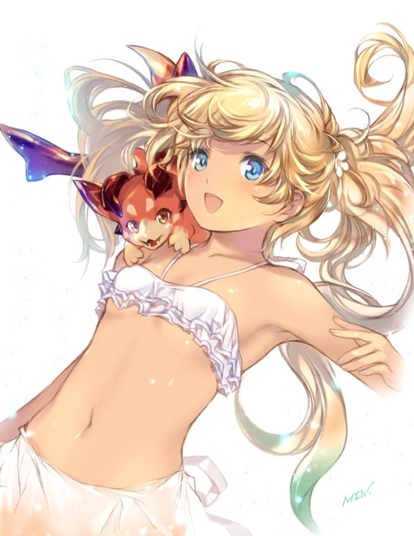 1girl armpits bangs bare_shoulders bikini blonde_hair blue_eyes breasts gradient_hair granblue_fantasy green_hair hair_ornament io_euclase layered_bikini midriff min-naraken multicolored_hair navel open_mouth signature simple_background small_breasts swimsuit twintails vee_(granblue_fantasy) white_background