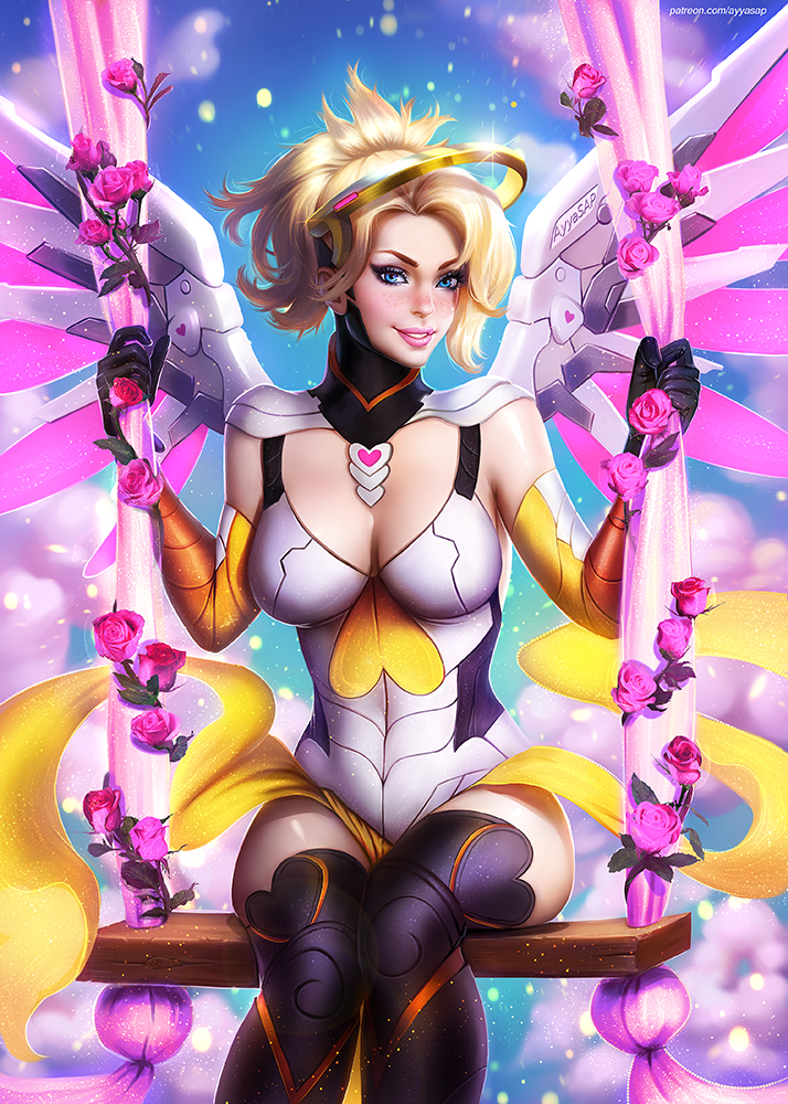 1girl adapted_costume alternate_wing_color artist_name ayya_saparniyazova black_legwear blonde_hair blue_eyes blue_sky blush breasts clouds cloudy_sky cowboy_shot eyebrows eyelashes eyeliner eyeshadow flower glint heart high_ponytail knees_together large_breasts light_particles looking_at_viewer makeup mechanical_halo mercy_(overwatch) nose overwatch parted_lips pelvic_curtain pink_lips pink_rose pink_wings revision rose signature sitting skin_tight sky smile solo spread_wings swing thigh-highs watermark web_address wings