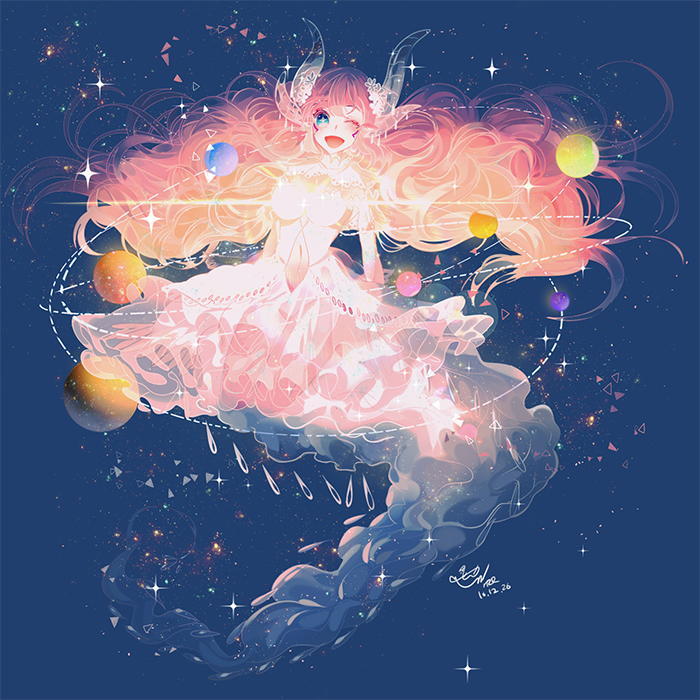 +_+ 1girl ;d blue_eyes dated dress hzrn_(ymj924) long_hair midriff navel navel_cutout one_eye_closed open_mouth orbit original pink_hair planet signature smile solo star_(sky) very_long_hair white_dress
