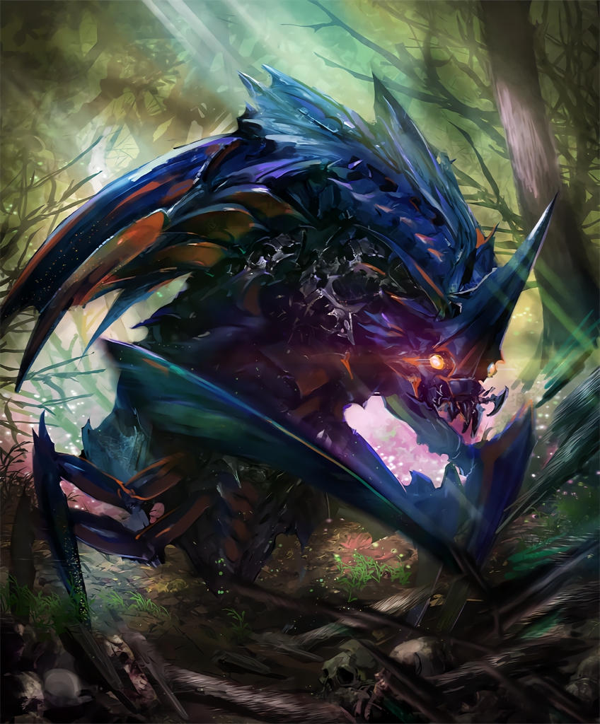artist_request carapace cygames forest glowing glowing_eyes horn insect insect_wings nature no_humans official_art orange_eyes rhinoceroach shadowverse shingeki_no_bahamut wings
