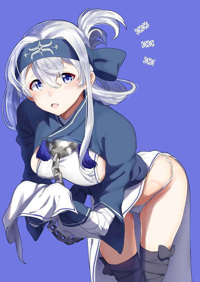 1girl ainu ainu_clothes bandanna black_legwear blue_eyes breasts commentary_request cropped_jacket dress eyebrows_visible_through_hair folded_ponytail hair_between_eyes headband kamoi_(kantai_collection) kantai_collection long_hair long_sleeves looking_at_viewer open_mouth panties sidelocks simple_background skirt skirt_lift sleeveless sleeveless_dress solo tachikoma_(mousou_teikoku) thick_eyebrows thigh-highs underwear white_dress white_hair