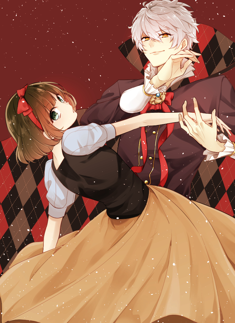 1boy 1girl azs_kn bow brown_hair eyebrows_visible_through_hair formal green_eyes hair_between_eyes hairband long_skirt looking_at_viewer looking_back orange_eyes orange_skirt original red_background red_bow red_hairband red_ribbon ribbon short_hair short_sleeves silver_hair skirt spiky_hair