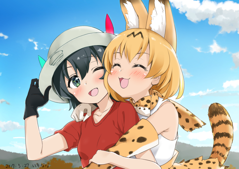 2girls ;d ^_^ adjusting_clothes adjusting_hat animal_ears bare_shoulders black_hair blonde_hair blush bow bowtie closed_eyes clouds day elbow_gloves gloves happy hat hug hug_from_behind kaban_(kemono_friends) kemono_friends mokyutan multiple_girls one_eye_closed open_mouth outdoors red_shirt serval_(kemono_friends) serval_ears serval_print serval_tail shirt short_hair sky smile tail upper_body wavy_mouth