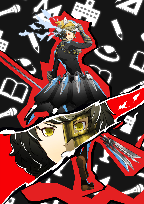 1girl abstract_background alternate_costume cut-in kawakami_sadayo mask persona persona_5 polearm rootdesign spear weapon