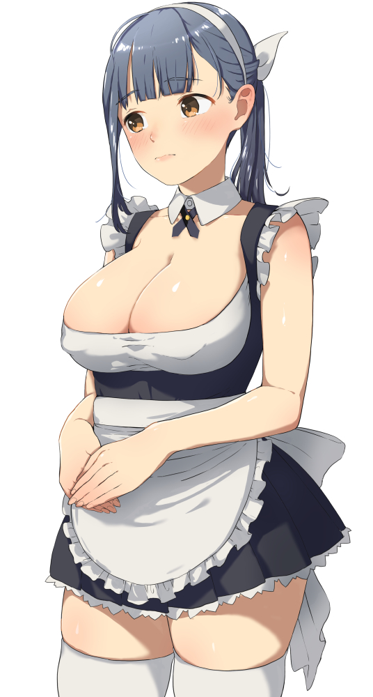 1girl apon apron bangs bare_arms bare_shoulders black_dress blue_hair blunt_bangs blush breasts cleavage closed_mouth collarbone detached_collar dress erect_nipples eyebrows_visible_through_hair frilled_dress frills hairband large_breasts light_frown long_hair looking_away looking_to_the_side original own_hands_together ponytail simple_background sleeveless sleeveless_dress solo standing tareme thigh-highs thighs white_apron white_background white_hairband white_legwear wing_collar zettai_ryouiki