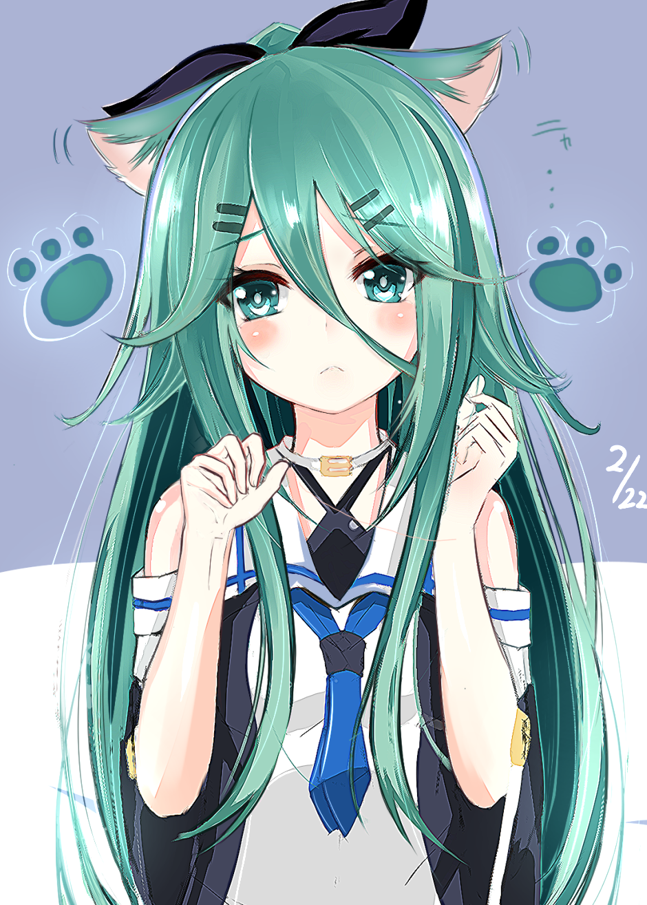 1girl animal_ears black_bow blush bow cat_day cat_ears closed_mouth dated detached_sleeves green_eyes green_hair hair_between_eyes hair_bow hair_flaps hair_ornament hairclip hands_up highres kantai_collection kemonomimi_mode paw_background ria_(riarea00) school_uniform serafuku solo yamakaze_(kantai_collection)