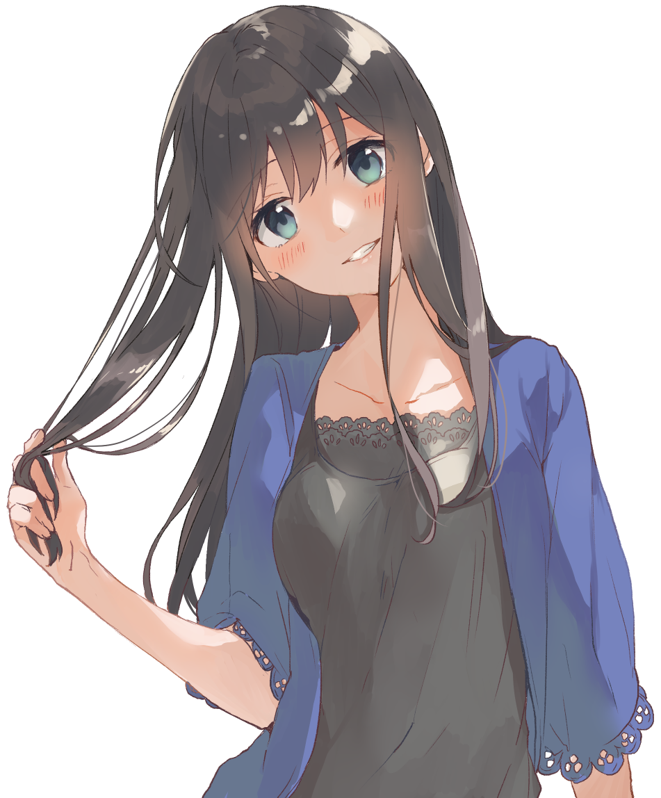 1girl aqua_eyes bangs black_hair blush camisole cardigan collarbone eyebrows_visible_through_hair hand_up head_tilt holding holding_hair light_smile long_hair looking_at_viewer nasuko open_cardigan open_clothes original parted_lips simple_background smile solo white_background