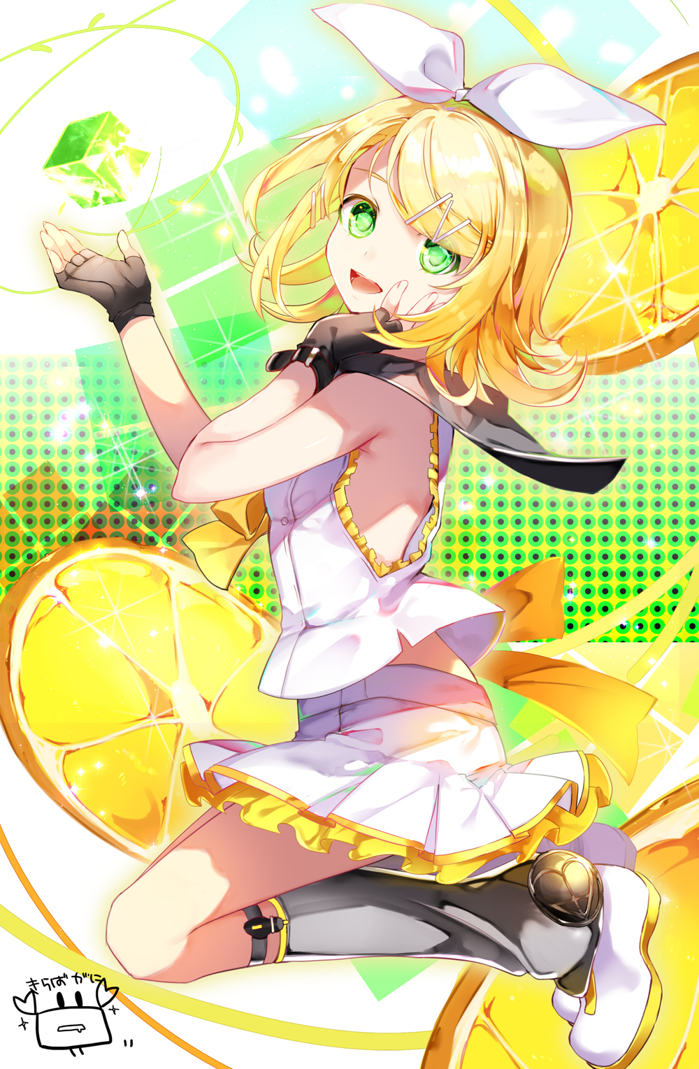 1girl blonde_hair bow crystal eyebrows_visible_through_hair fingerless_gloves floating_object food fruit gloves green_eyes hair_bow hair_ribbon hand_on_own_cheek highres kagamine_rin kagamine_rin_(vocaloid4) leg_warmers lemon lemon_slice looking_at_viewer open_mouth pleated_skirt ribbon sailor_collar short_hair skirt solo vocaloid yuuki_kira