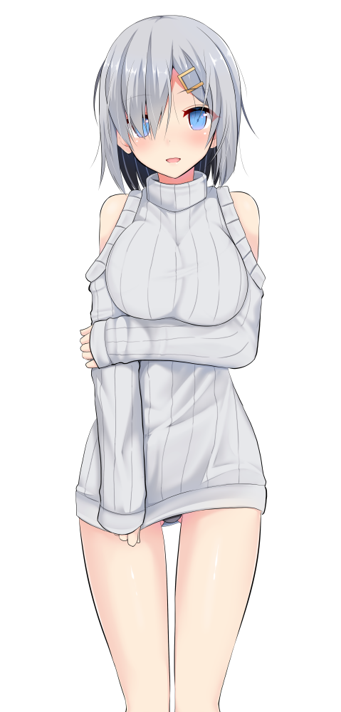 1girl :d bare_legs bare_shoulders black_panties blue_eyes blush breasts commentary_request hair_ornament hairclip hamakaze_(kantai_collection) hand_on_own_arm holding_arm kantai_collection large_breasts long_sleeves looking_at_viewer no_pants open_mouth panties pantyshot pantyshot_(standing) ribbed_sweater short_hair shoulder_cutout silver_hair simple_background smile solo standing striped sweater takeyuu turtleneck turtleneck_sweater underwear vertical_stripes white_background