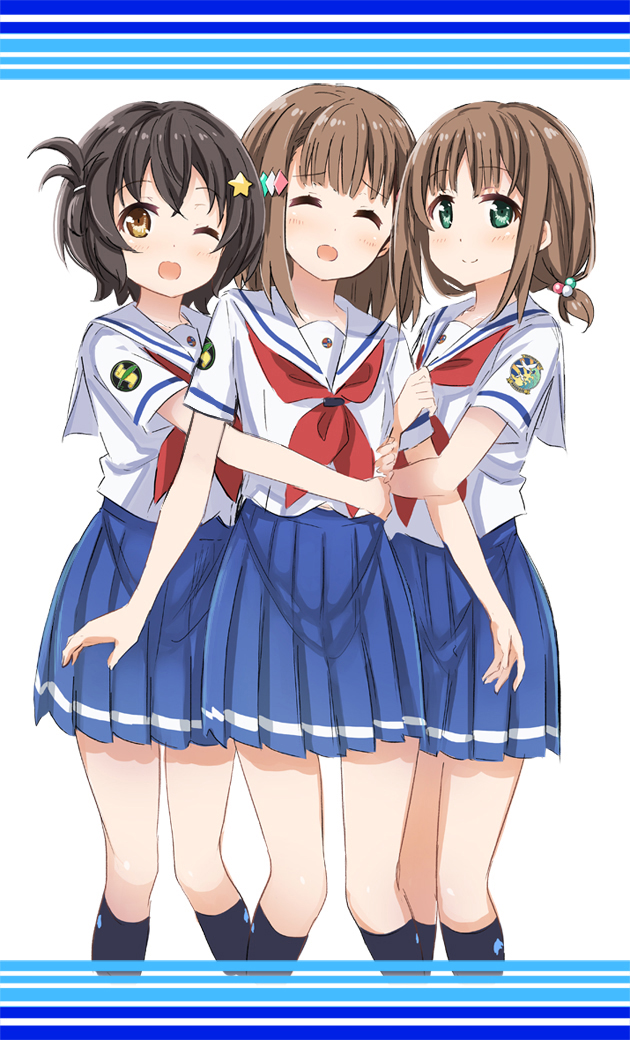 3girls abe_kanari badge black_hair black_legwear blue_skirt brown_eyes brown_hair cowboy_shot green_eyes hair_ornament hairclip high_school_fleet hug irako_mikan kinesaki_akane kinesaki_homare multiple_girls neckerchief one_eye_closed one_side_up pleated_skirt red_neckerchief school_uniform serafuku short_hair short_ponytail siblings side_ponytail sisters skirt socks standing twins white_sailor_collar