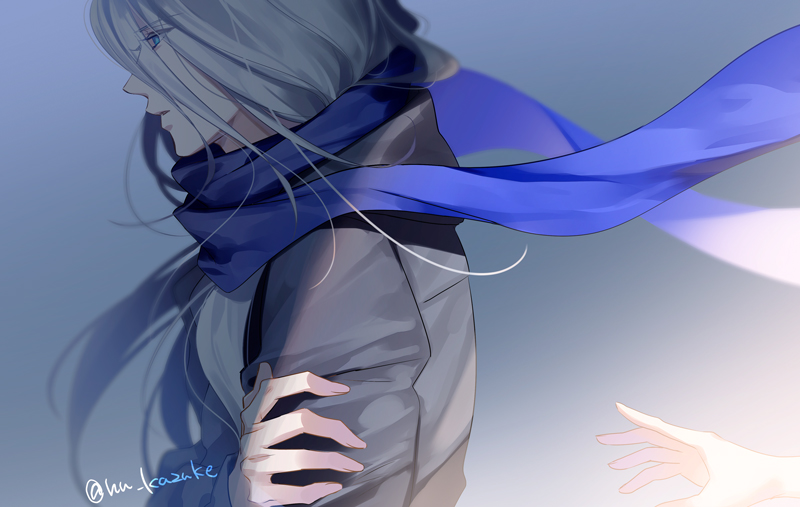 1boy backlighting bishounen black_coat blue_background blue_eyes blue_neckwear blue_scarf clothes_lift coat expressionless eyebrows_visible_through_hair eyelashes fingernails floating_hair long_hair looking_away male_focus nu_kazuke outstretched_hand parted_lips profile scarf self_hug shaded_face simple_background straight_hair sunlight twitter_username very_long_hair viktor_nikiforov white_hair wind wind_lift yuri!!!_on_ice yuri!!!_on_ice_the_movie:_ice_adolescence