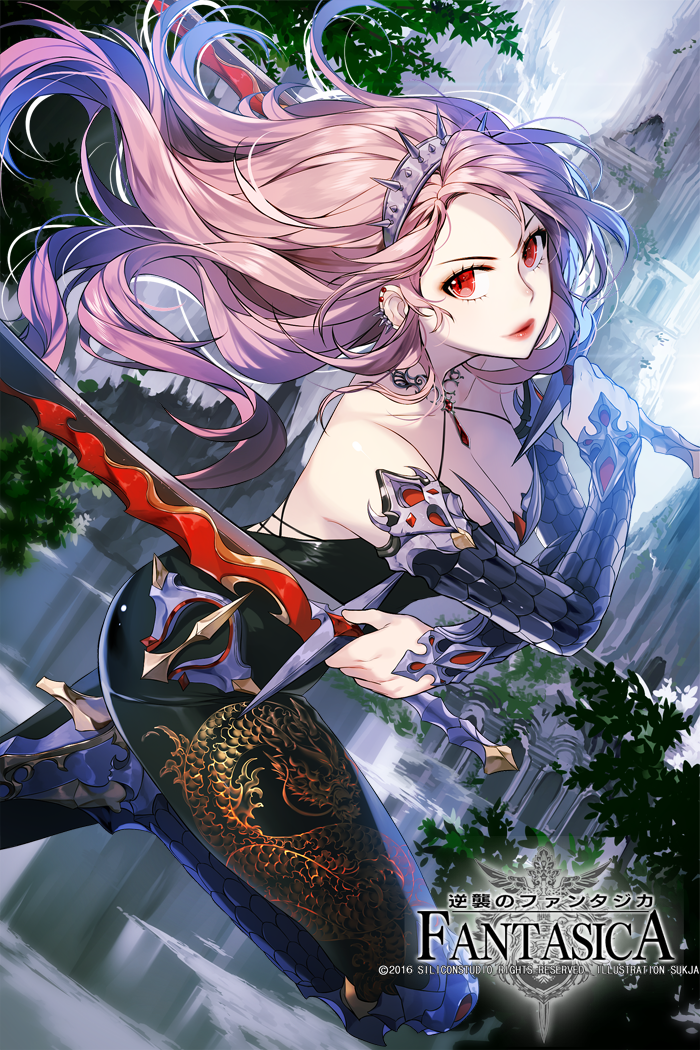 1girl 2016 armor armored_boots black_pants boots breasts cleavage collarbone copyright_name detached_sleeves dual_wielding dutch_angle earrings floating_hair grey_hairband gyakushuu_no_fantasica high_heel_boots high_heels holding holding_sword holding_weapon jewelry lipstick long_hair looking_at_viewer makeup medium_breasts necklace one_leg_raised pants parted_lips pink_hair red_eyes red_lipstick solo sukja sword very_long_hair weapon