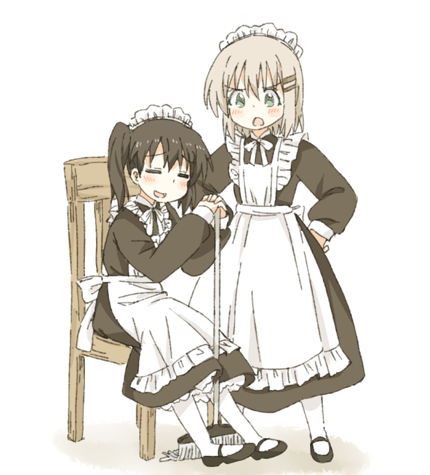 2girls alternate_costume angry apron black_hair blush broom chair closed_eyes enmaided green_eyes grey_hair hands_on_hips hatopoo_(beach7pijon) kuraue_hinata long_sleeves looking_at_another maid maid_headdress multiple_girls open_mouth pout short_hair sitting smile standing twintails white_legwear yama_no_susume yukimura_aoi