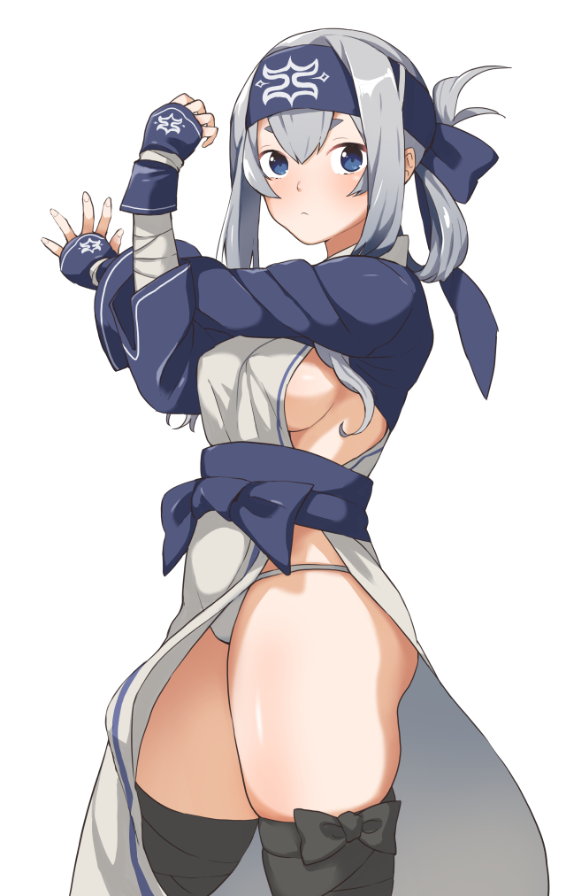 1girl ainu_clothes apon bandanna black_legwear blue_bandana blue_eyes breasts commentary_request erect_nipples folded_ponytail from_side kamoi_(kantai_collection) kantai_collection long_hair looking_at_viewer medium_breasts sideboob sidelocks silver_hair simple_background solo standing stretch thigh-highs white_background