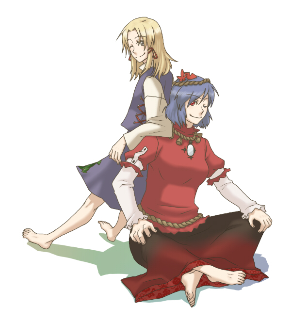 blonde_hair blue_hair feet moriya_suwako red_eyes short_hair sitting skirt torinone touhou wink yasaka_kanako