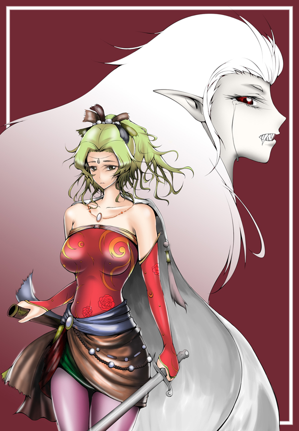 cape detached_sleeves dissidia_final_fantasy earrings final_fantasy final_fantasy_vi green_hair jewelry long_hair mocchi necklace pantyhose pointy_ears ponytail sword tina_branford trance_tina_branford weapon