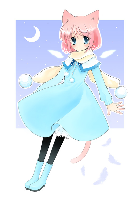 blue_eyes cat_ears dress fujii_chifumi moon original pantyhose pink_hair scarf stars