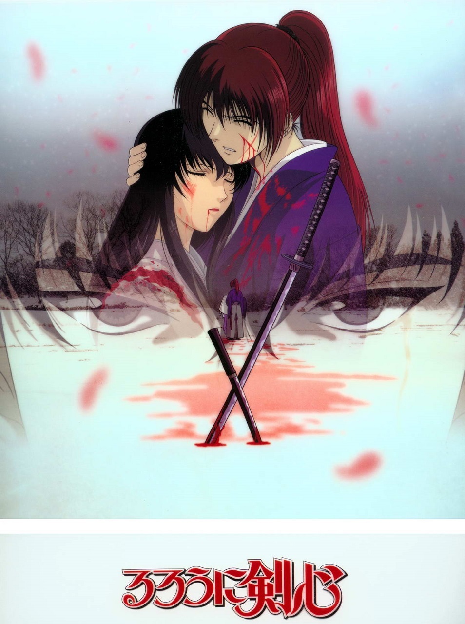 1boy 1girl black_eyes black_hair blonde_hair blood blood_from_mouth closed_eyes highres himura_kenshin long_hair looking_at_viewer official_art ponytail redhead rurouni_kenshin sword weapon yukishiro_tomoe