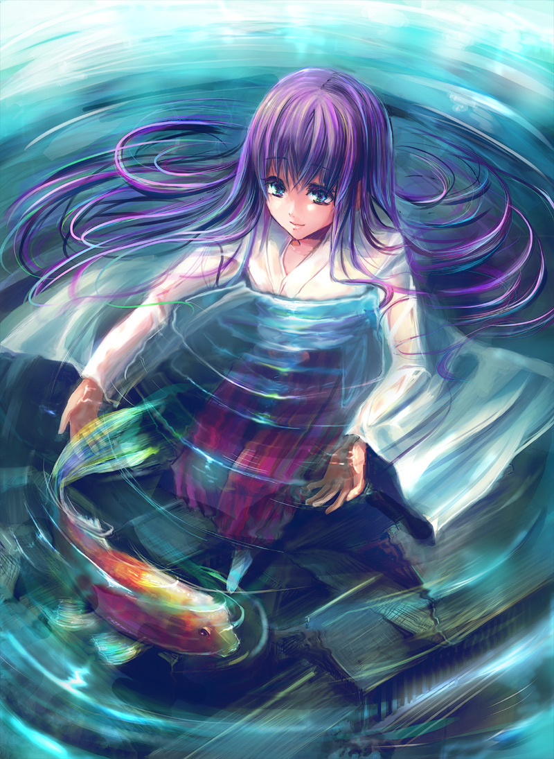 blue_eyes fish floating hakama japanese_clothes long_hair miko original purple_hair shimaji water