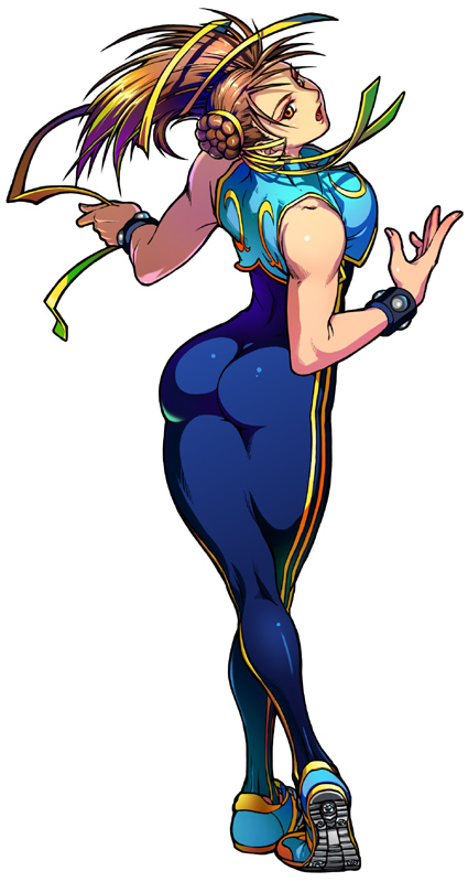 ass bare_shoulders bodysuit braid brown_eyes brown_hair capcom chinese_clothes chun-li double_vertical_stripe leotard long_hair looking_back ribbon ribbons shoes skin_tight sneakers spandex street_fighter street_fighter_ii street_fighter_online_mouse_generation street_fighter_zero thick_thighs thighs unitard