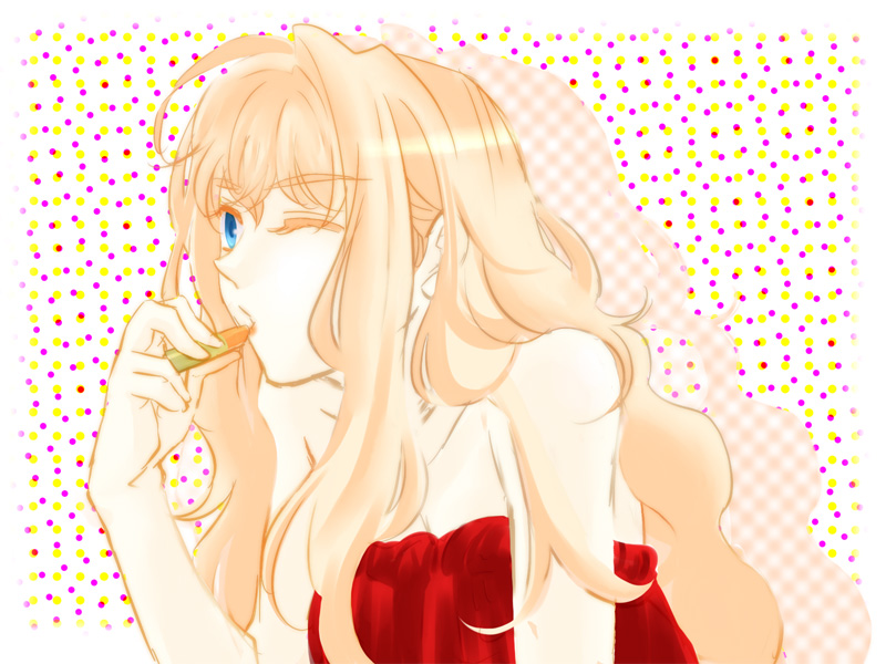 bare_shoulders blonde_hair dress lipstick macross macross_frontier makeup red_dress sheryl_nome