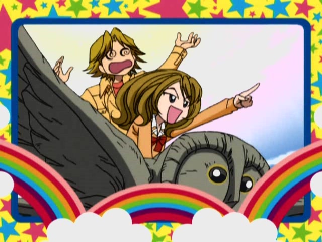 640x480 @_@ asou_yuuya cap clouds flying gals! honda_mami owl pointing rainbow riding