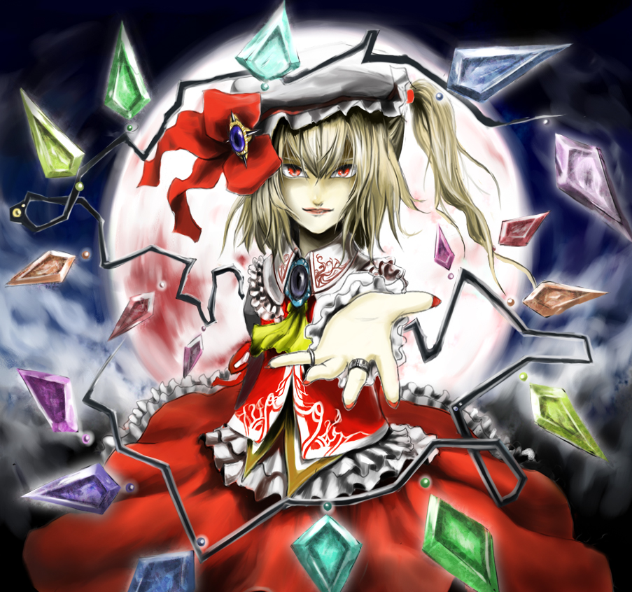 blonde_hair flandre_scarlet hands hat jewelry moon outstretched_arm outstretched_hand ponytail reaching red_eyes ring ross_(clumzero) ross_(pixiv191526) side_ponytail touhou wings